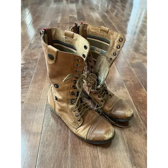 Steve Madden Camarro Ankle Boot Tan Leather Sz 7 Combat Boho Biker Victorian Y2K - Picture 6 of 13